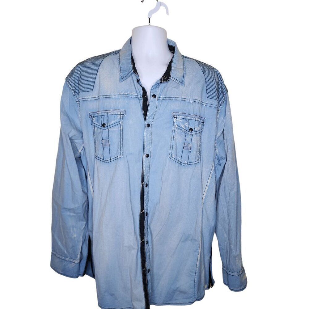 Y2K Buckle Black Athletic Fit Long Sleeve Zipper Denim Shirt Men Size XXL Blue